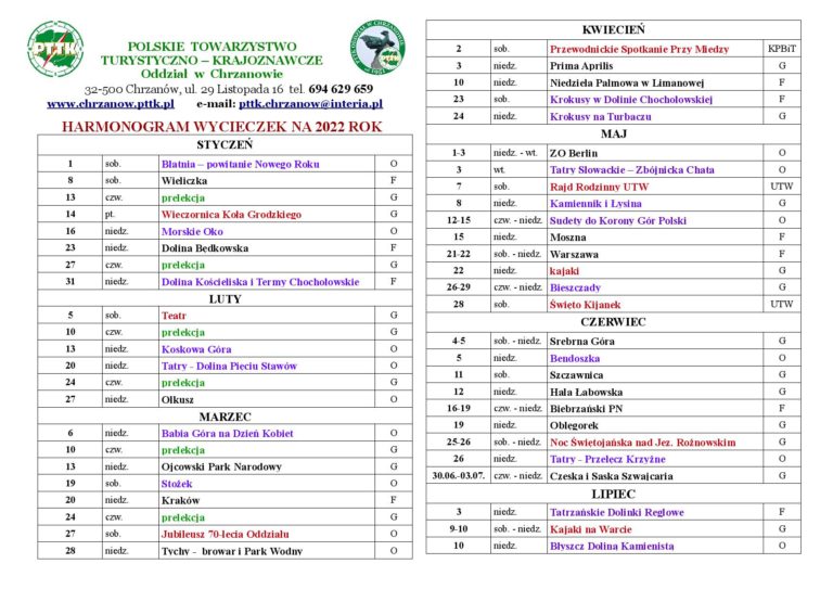 Harmonogram Wycieczek Na Rok Pttk